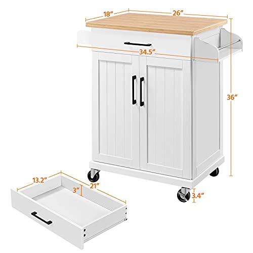 Yaheetech Kitchen Cart with Bamboo Tabletop, 34.5" Width Rolling Kitchen Island with Drawer and Adjustable Shelf, Storage Cabinet with Spice Rack Towel Bar for Dining Room Kitchen Living Room, White Yaheetech