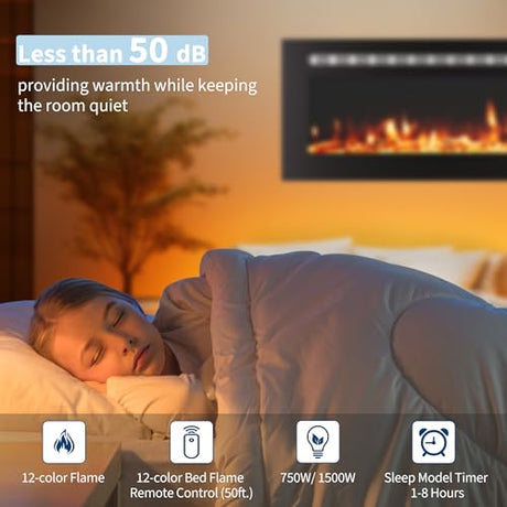 50 Inch Built-In Electric Fireplace, 750/1500W Wall Mounted Recessed Heater with Remote, Timer, Touchscreen, 12 Flame Effects, Adjustable Brightness, Low Noise Linear Fireplace for Living Room Bedroom Hipicute