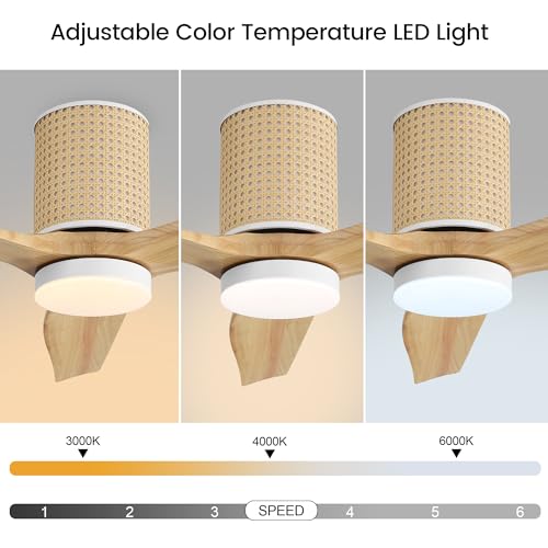 LEDLUX 52" Ceiling Fan with Light and Remote, Low Profile Flush Mount Fan, Solid Wood Blades, Rattan Retro Style, Noiseless Reversible DC Motor, for Bedroom/Living Room/Porch (White/Wood Color) LEDLUX