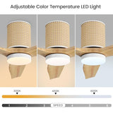 LEDLUX 52" Ceiling Fan with Light and Remote, Low Profile Flush Mount Fan, Solid Wood Blades, Rattan Retro Style, Noiseless Reversible DC Motor, for Bedroom/Living Room/Porch (White/Wood Color) LEDLUX