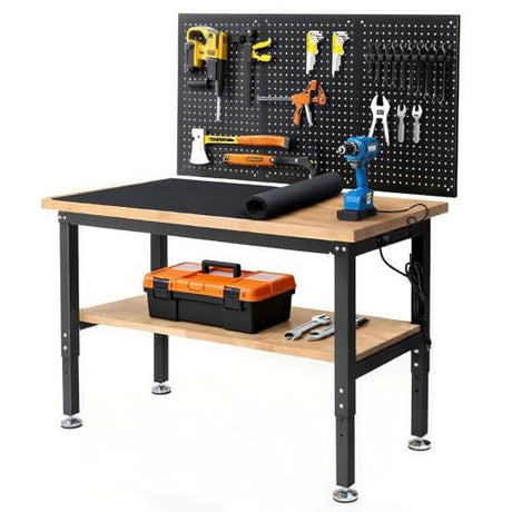 ENJOYWOOD 48 Inch Workbench for Garage Adjustable Height Work Bench with Under Table Shelf Pegboard Power Outlets Work Table for Woodworking, Home, Office, Workshop ENJOYWOOD
