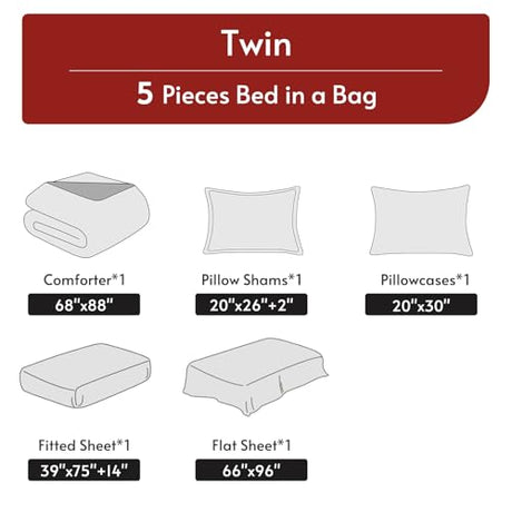 MUXHOMO 5 Pieces Twin Comforter Set, Reversible Bed in a Bag Twin Size, All Season Bedding Set with Comforter, Flat Sheet, Fitted Sheet, Pillowcases & Shams, Red & Black MUXHOMO