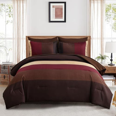 Anibedding Red and Brown Comforter Set King Size, Boho Burgundy Striped Bedding Comforter Set 7 Piece Bed in a Bag, Soft Microfiber Down Alternative Farmhouse Bedding Set for All Season(104"x90")