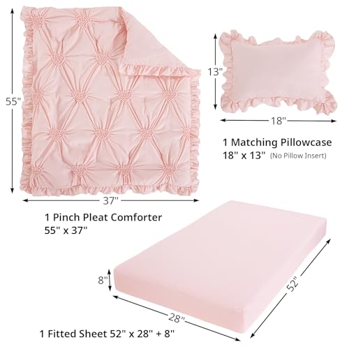 HOMBYS 3 Pieces Princess Pink CribBedding Set for Baby Girls, Ultra Soft Blush Pinch Pleat Comforter Set with Ruffles for All Season HOMBYS