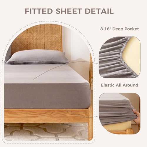 LUTBM King Sheet Set 100% Cotton Bed Sheets Gauze 4 Pcs Grey King Muslin Sheets Set 16" Deep Pocket Sheet & Pillowcase Sets Breathable Boho Soft Bedding Sets for All Season LUTBM