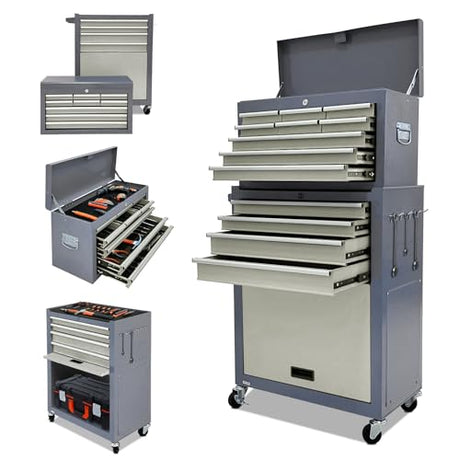 Kirmosal 13-Drawer Tool Chest with Wheels,2 in 1 Detachable Rolling Tool Chests with Drawers,Large Tool Box with Lock,Mobile Steel Tool Cabinet Storage for Warehouse,Garage-Grey&White Kirmosal