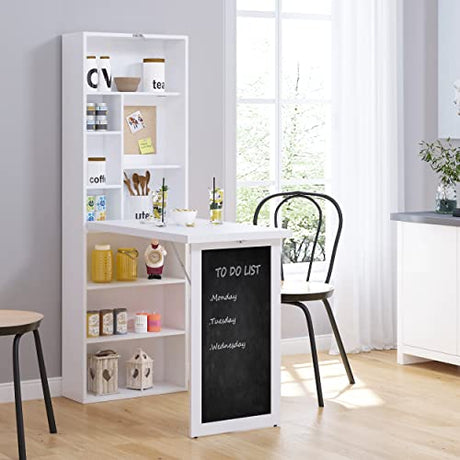Zentrava Foldable Wall Mounted Desk with Storage Shelves, Fold Out Convertible Computer Table with Blackboard, Folding Writing Table Workstation for Small Spaces,Home Office (White) Zentrava