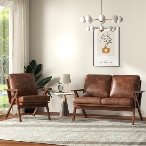 Bonzy Home Faux Leather Accent Chair for Living Room,Upholstered Armchair with Cushions and Solid Wood Frame, Mid-Century Modern Lounge Chair for Bedroom or Office,Brown Bonzy Home