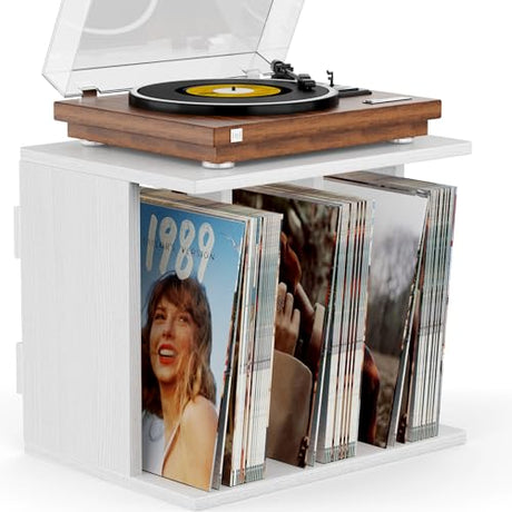 Emfogo Record Player Stand with Vinyl Record Storage, Turntable Stand Wall Mount Up to 80-100 Albums, 3-Compartment Vinyl Record Holder, White Emfogo