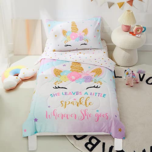PINNKKU 4-Piece Toddler Bedding Set, Includes 1 Flat Sheet, 1 Fitted Sheet, 1 Comforter and 1 Reversible Pillowcase, Standard Toddler Comforter & Sheet Set, Ultra Soft Toddler Bed Set, Unicorn PINNKKU