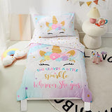 PINNKKU 4-Piece Toddler Bedding Set, Includes 1 Flat Sheet, 1 Fitted Sheet, 1 Comforter and 1 Reversible Pillowcase, Standard Toddler Comforter & Sheet Set, Ultra Soft Toddler Bed Set, Unicorn PINNKKU