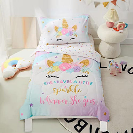 PINNKKU 4-Piece Toddler Bedding Set, Includes 1 Flat Sheet, 1 Fitted Sheet, 1 Comforter and 1 Reversible Pillowcase, Standard Toddler Comforter & Sheet Set, Ultra Soft Toddler Bed Set, Unicorn PINNKKU
