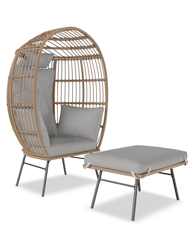 Wicker Egg Chair with Ottoman, Patio Lounge Egg Chair with Footrest, Comfy Hand-Made Rattan Chair with Thick Cusion & Metal Frame for Indoor, Outdoor, Patio and Porch, Grey Fitenlor