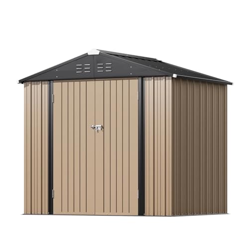 Greesum 8×6FT Outdoor Storage Shed, Metal Patio Storaged Sheds with Lockable Doors, Sheds & Outdoor Storage for Bike, Backyard, Pool and Garden, Brown Greesum