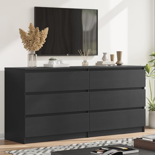 59'' Modern 6 Drawer Dresser, Black Dresser for Bedroom, Wide Chest of Drawers with Minimalist Design, Smooth Metal Slides & Sturdy Base, Wood Long Dresser, Double Drawer Dresser for Closet