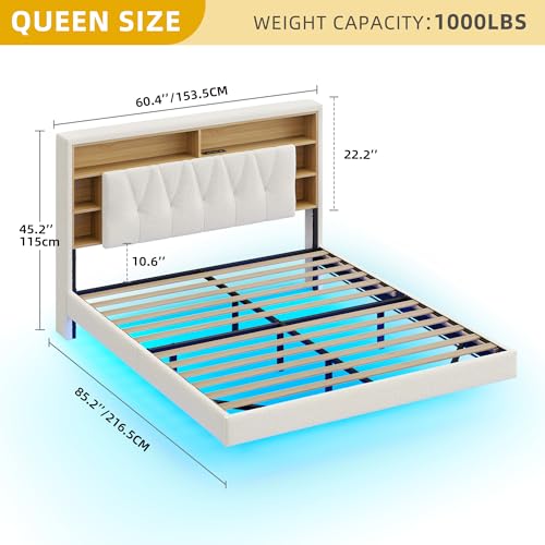 YITAHOME Queen Size Floating Bed Frame with RGB LED Lights, Bookcase Storage Headboard Beds with Charging Station, Upholstered Platform with Heavy Duty Wood Slat, No Box Spring Needed, Beige YITAHOME