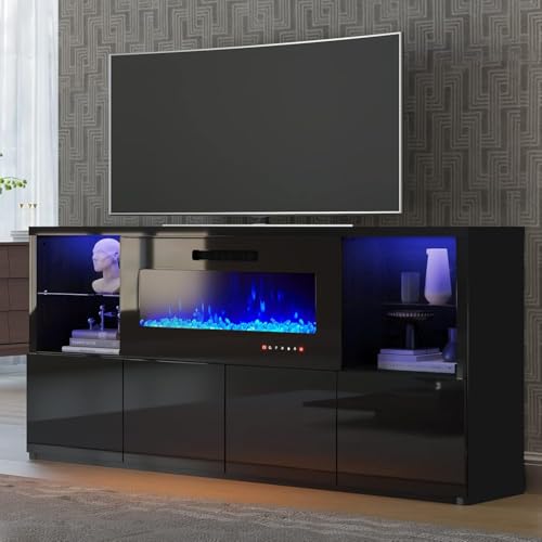 AMERLIFE Modern High Gloss 68" Fireplace TV Stand, Media Entertainment Center with Fireplace & LED Lights for TVs up to 78", TV Console Cabinet with Adjustable Glass Shelves for Living Room, Black AMERLIFE