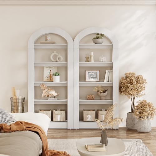 LITTLE TREE 5-Tier Bookshelf, Arch-Shaped Racks, Tall Standing Wooden Bookcase Display Shelf Modern Storage Solution (2, White) LITTLE TREE
