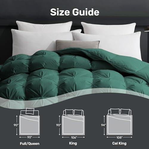 UNIKOME Pinch Pleat Goose Feather Down Comforter - 20% Extra Fill, 90oz, All Season Duvet Insert with 100% Cotton Cover, Cloud-Like Fluffiness (Green, Queen/Full, 90"X90") UNIKOME