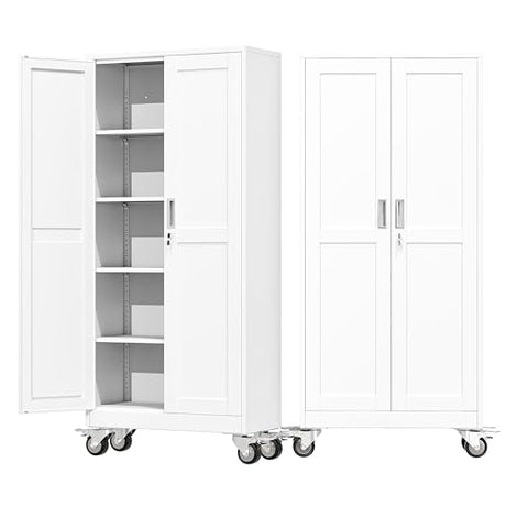 AUEYTVR 71" Tall Metal Garage Storage Cabinet with Wheels and Locking Doors and Tall Rolling Steel Tool Cabinet with 4 Adjustable Shelves for Garage,Home,Office,Shop (White) AUEYTVR