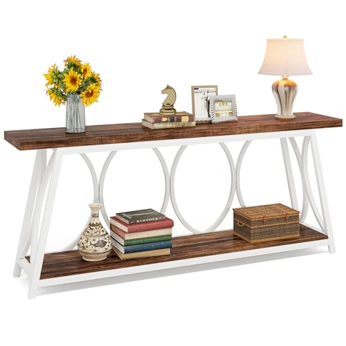 Tribesigns 70.9 inch Extra Long Console Table, Industrial Sofa Table Behind Couch with 2 Tier Storage Shelf, Narrow Entryway Hallway Accent Table for Living Room, White & Brown Tribesigns