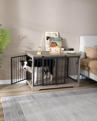 Hzuaneri Dog Crate Furniture, 39.4" Double Door Dog Crate with Barn Door, Dog Kennel Indoor, End Side Table Wooden Dog Crate for Small Medium Large Dog, Anti-Chew Anti-Escape, Greige - WoodArtSupply