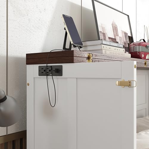 Enoioyonay Full Size Murphy Cabinet Bed with Storage Drawers, Wood Murphy Cabinet Bed with Charging Station, USB Port, Save Space, No Box Spring Needed, for Guest Bedroom, Living Room, White-Walnut Enoioyonay