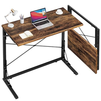 Vantic 31.5" Folding Desk for Small Spaces, Foldable Computer Desk Small Collapsible C-Shaped Study Table Home Office Desk, Simple Writing Desk Table for Bedroom, Rustic Brown