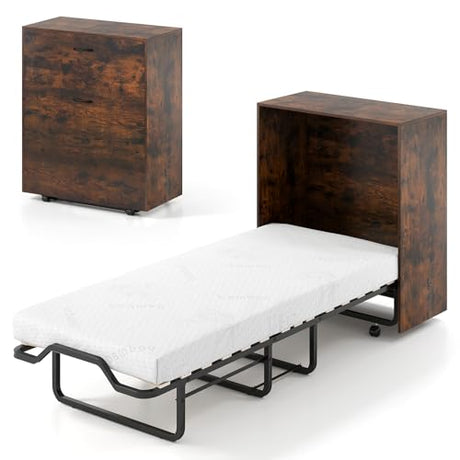 Giantex Murphy Bed Cabinet with Mattress Included, 74" x 31" Cot Size Fold Out Bed with Storage & Lockable Wheels, Metal Frame, 2 in 1 Roll Away Bed with Mattresses for Adults Guests Giantex