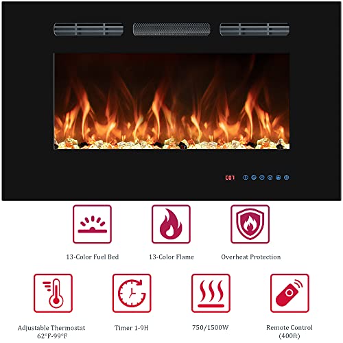 30" Electric Fireplaces Inserts, Recessed & Wall-Mounted Fireplace Heater with Thermostat, Multicolor Flames,Timer, Log & Crystal, 750/1500W VINEMOUNT