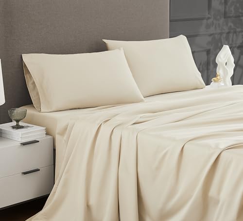 Linen Closet Queen Sheet Set – 4-Piece Cotton Blend, 1200 Thread Count Ultra Soft & Silky Sateen, Moisture Wicking, Wrinkle Resistant, Quick Dry, Deep Pocket up to 18", Durable & Easy Care, Beige Linen Closet