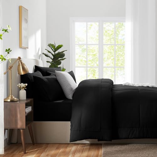 CozyLux King Size Comforter Set Black, 7 Pieces Bed in a Bag, Black Comforter King Size, All Season Bedding Sets with Stitch Quilted Comforter, Flat Sheet, Fitted Sheet, Pillowcases CozyLux