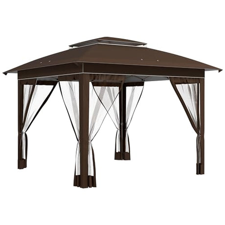 Outsunny 12' x 12' Pop Up Canopy Tent with Netting and Carry Bag, Instant Sun Shelter with 137 sq.ft Shade, Tents for Parties, Height Adjustable, for Outdoor, Garden, Patio, Dark Brown Outsunny