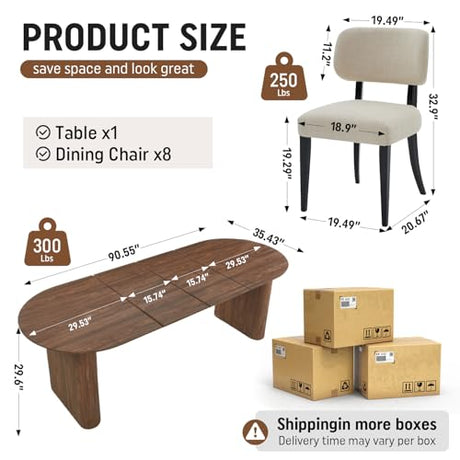 SIZOTA 59" to 91" Extendable Dining Table Set for 4-8, Oval Kitchen Table with MDF Faux Wood Tabletop and 8 Upholstered Solid Wooden Chairs, Space-Saving Kitchen & Dining Room Furniture (Walnut) SIZOTA