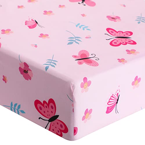 Tudomro 3 Pieces Butterfly Nursery Crib Bedding Set for Girls, Standard Size Bedding Sets with Comforter Fitted Sheet Crib Skirt(Pink) Tudomro