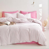 Wake In Cloud - Striped Cotton Duvet Cover Set, Ticking Stripe Vertical Pinstripe Farmhouse, 100% Washed Cotton Textured Percale Bedding Set, 3 Pieces, Pink White, Full Size Wake In Cloud