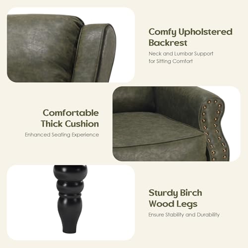 FHUKMZOI Leather Recliner Chair, Pushback Recliner Chair with Adjustable Backrest Footrest, Mid-Century Modern Living Room Reclining Chairs with Lumbar Support for Reading Bedroom (Dark Green)