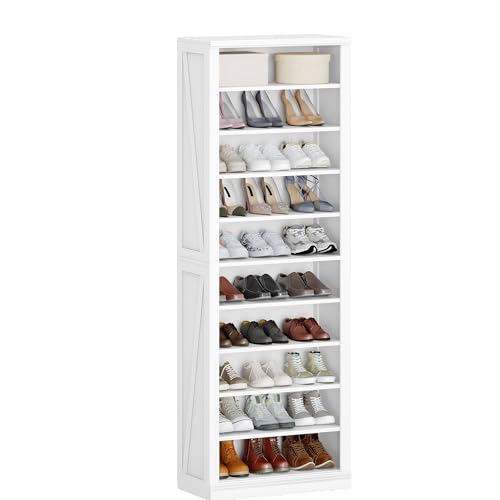 Hzuaneri Shoe Storage Cabinet, 10 Tiers Freestanding Shoe Cabinets, Wooden Shoes Rack with Cubby, 27-30 Pairs, Farmhouse Tall Shoes Cubby Organizer for Entryway, Living Room, White SR52603X Hzuaneri