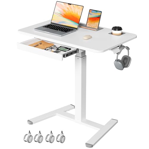 JYLH JOYSEEKER Mobile Standing Desk with Drawer, 32" Rolling Desk with Cup Holder and Hooks, Portable Laptop Cart on Wheels, Height Adjustable Workstation with Storage for Home Office, White JYLH JOYSEEKER
