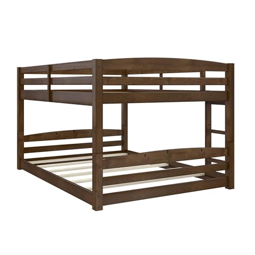 DHP Phoenix Convertible Low Wood Floor Bunk Bed, Stackable and Detachable Bed Frames for Kids, Solid Wood, with Ladder, High Guardrail, Wood Slats, No Boxspring Required, Full-Over-Full, Mocha DHP