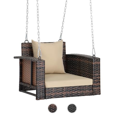 VINGLI 2.2 FT 1-Person Use Rattan Porch Swing Outdoor Support 440 LBS with Cushions & Adjustable Chains, Patio Wicker Swing Bench Chair for Garden, Yard, Lawn, Tree, Brown VINGLI