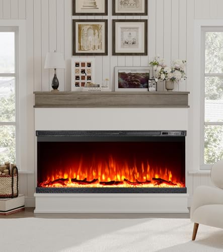 Maxhonor 3-Sided View Electric Fireplace Insert - Minimalist Mantel - 12 Color Flame Effect - 1500/750 Watt Heater - Remote Control - Log & Crystals(60",White) Maxhonor