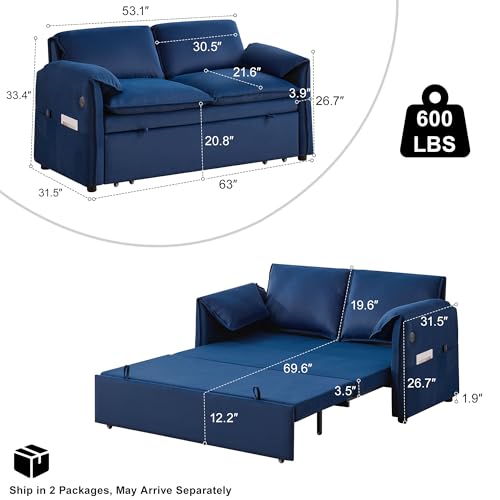 Hatppto 63" Velvet Pull Out Sofa Bed, 3-in-1 Convertible Futon Loveseat Queen Sleeper Sofa Couch Bed with Adjustable Backrest, USB Ports & Side Pockets, Modern Sofas for Living Room, Apartment, Blue Hatppto