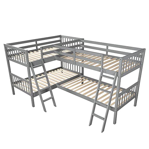 L-Shaped Bunk Bed Twin Over Twin, Quad Bunk Bed with Angle ladder and Security Guardrail, Twin size Bunk Beds Compatible with 4, Wooden Corner Bunk Beds Compatible with 0, Teens, Adults, No Box Spring MhaRt