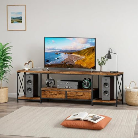 DSAFGGY LED TV Stand with Fabric Drawers, Entertainment Center for 75 80 Inches TV Console Table with Storage Shelves for Living Room, Bedroom, Television Stands 71" Rustic Brown DSAFGGY