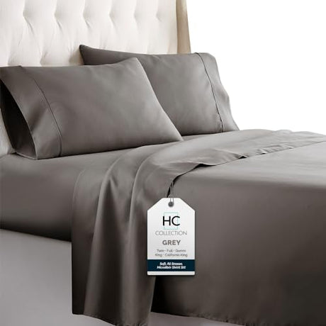 HC COLLECTION Bed Sheets Set Queen with 2 Pillowcases, Hotel Luxury Platinum 1800 Series Brushed Microfiber Deep Pocket Fitted Sheet, Fade Resistant Ultra Soft 4 Pcs Bedding for Hot Sleepers, Gray HC COLLECTION