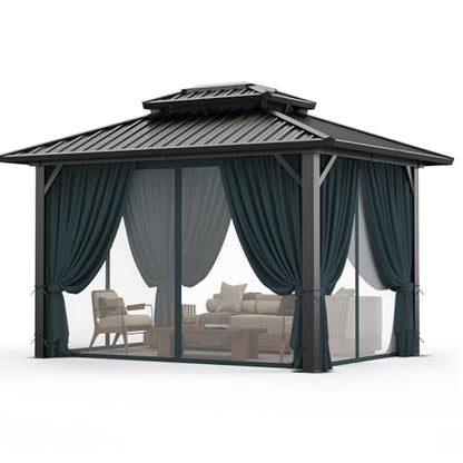 HOTEEL 10x12ft Hardtop Gazebo Heavy Duty Gazebo with Galvanized Steel Double Roof, Flame-Retardant Curtains and Netting, Aluminum Frame Permanent Outdoor Pavilion for Patio, Lawns and Backyar - WoodArtSupply