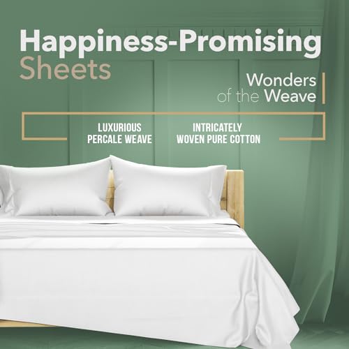 TEXAS LINEN CO. 100% Organic Cotton Sheets Queen Size - 4 PC Organic Cotton Queen Size Percale Weave Sheet Set, Soft, Cooling, Crisp & Breathable, 16" Deep Pocket Hotel Quality Bedding Set - White