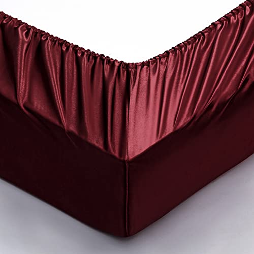 P Pothuiny Satin Fitted Sheet Twin XL Size, 1 Single Fitted Sheet Only, Extra Soft Deep Pocket Bottom Bed Sheets Mattress Cover Fits 12" to 16", Wrinkle Free, Fully Elasticized (Burgundy) P Pothuiny