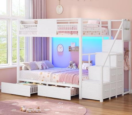 BTHFST Bunk Bed Twin Over Twin with Stairs, LED Lights Twin Bunk Bed with 2 Storage Drawers & 6 Fabric Drawers, Metal Twin Loft Beds with Guardrail & Stairs, Space Saving, Sturdy Frame for Teens BTHFST